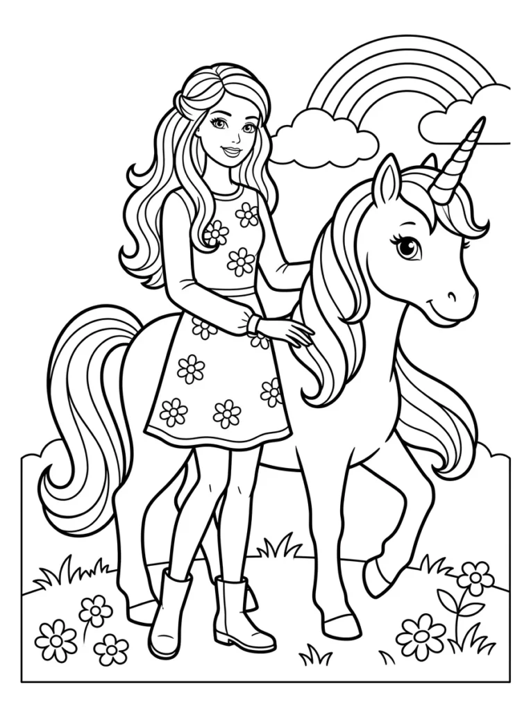 Barbie and unicorn coloring page