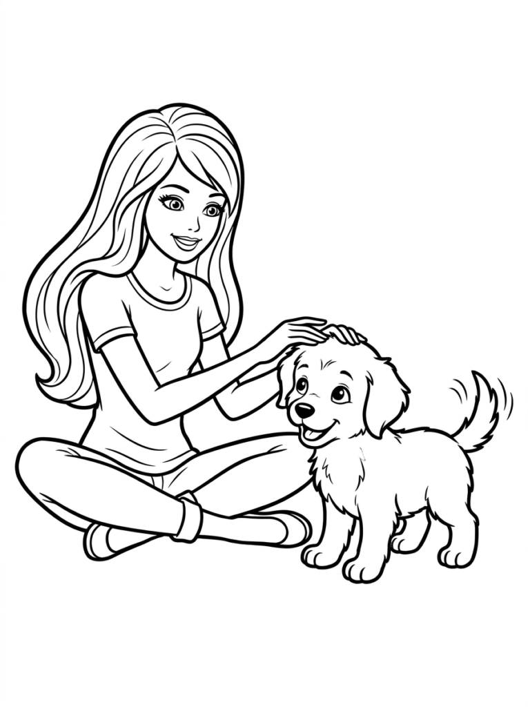 Barbie and puppy coloring page