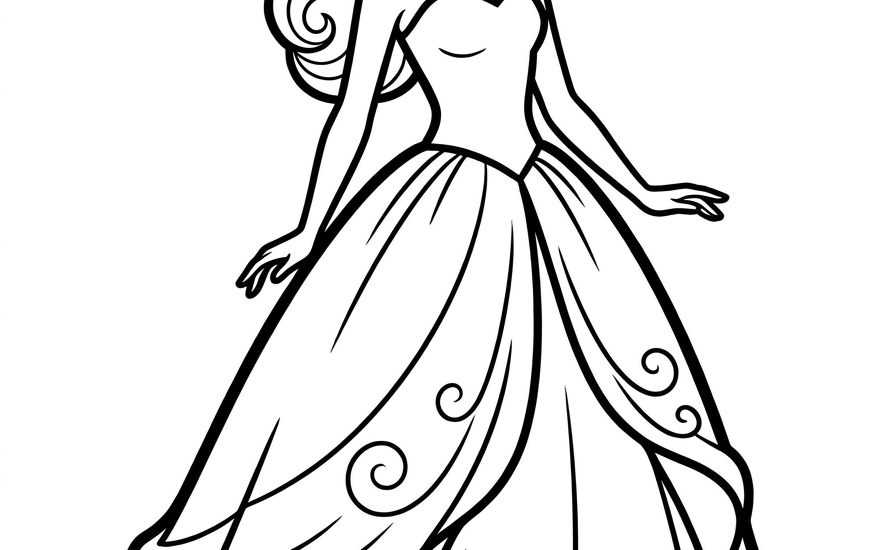 Barbie smiling in a beautiful dress coloring page