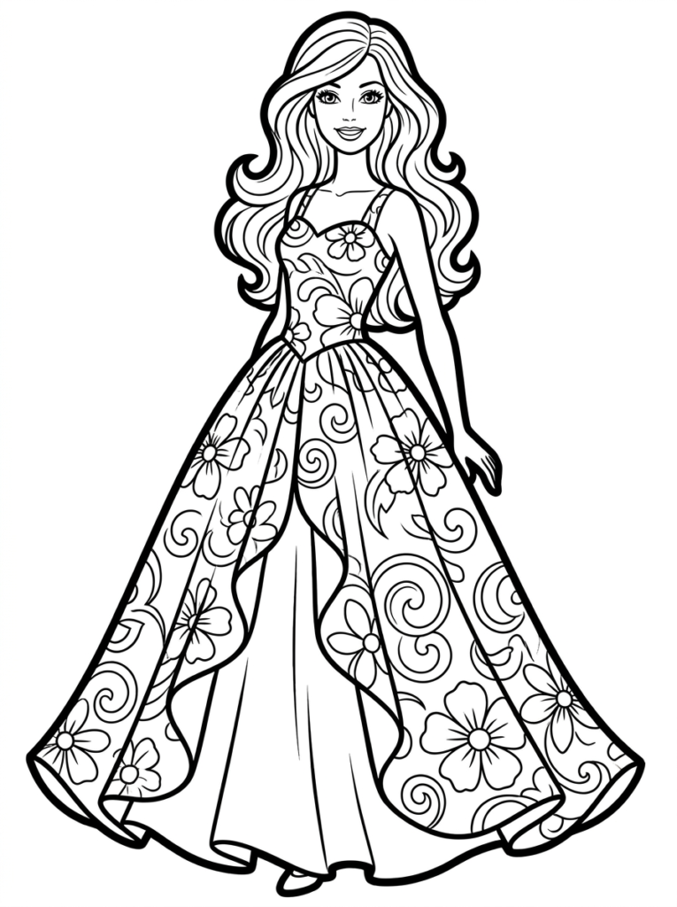 Barbie smiling in a beautiful dress coloring page