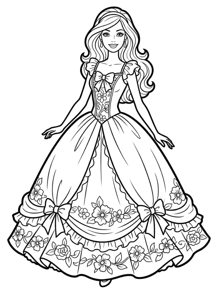 Barbie smiling in a beautiful dress coloring page