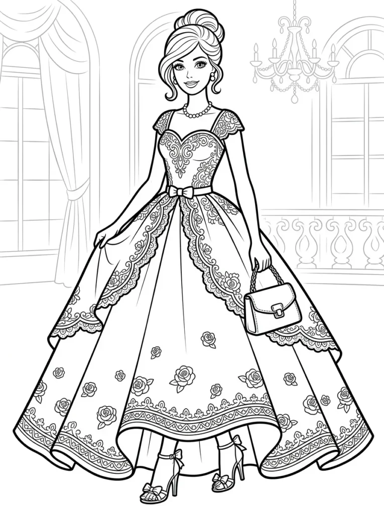 Barbie wearing a beautiful ball gown coloring page