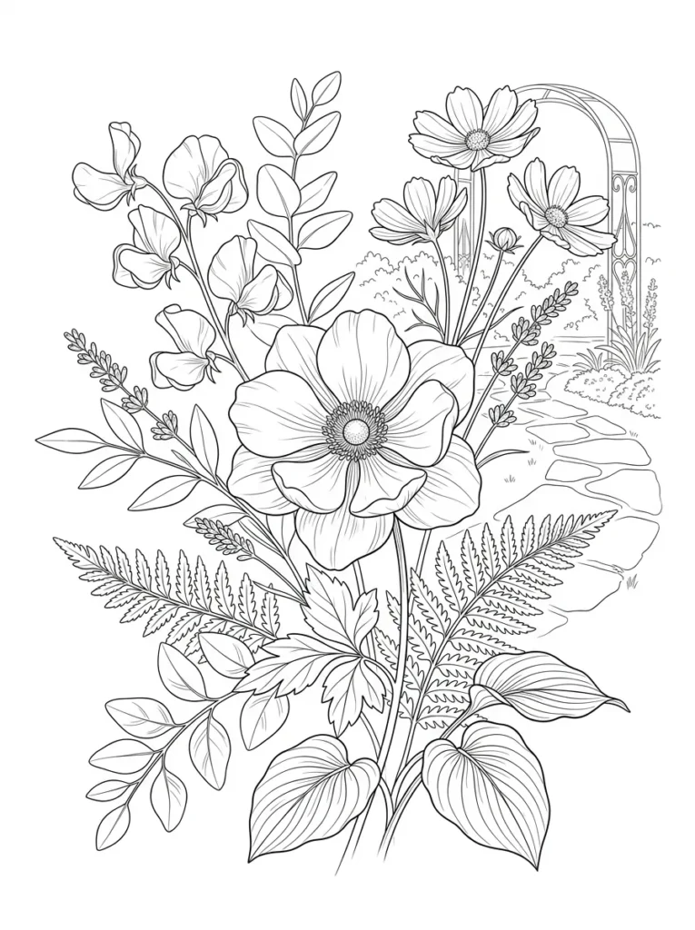 Realistic botanical garden coloring page printable