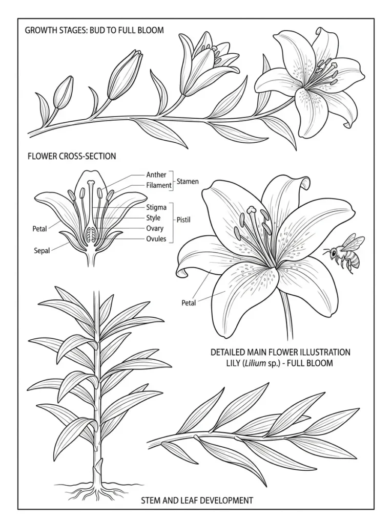 Scientific botanical flower coloring page printable
