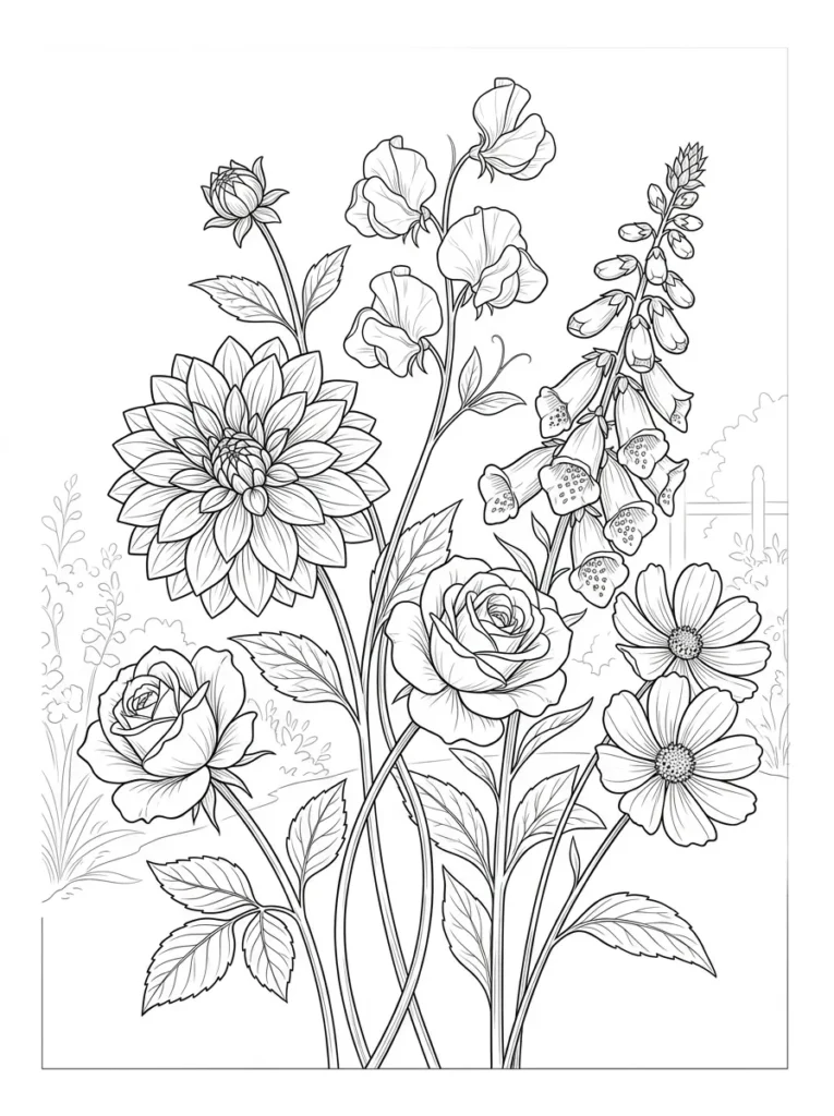 Detailed botanical flower coloring page printable