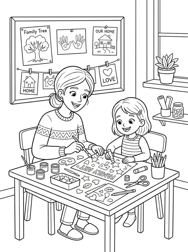 Parent and child craft activity coloring page printable