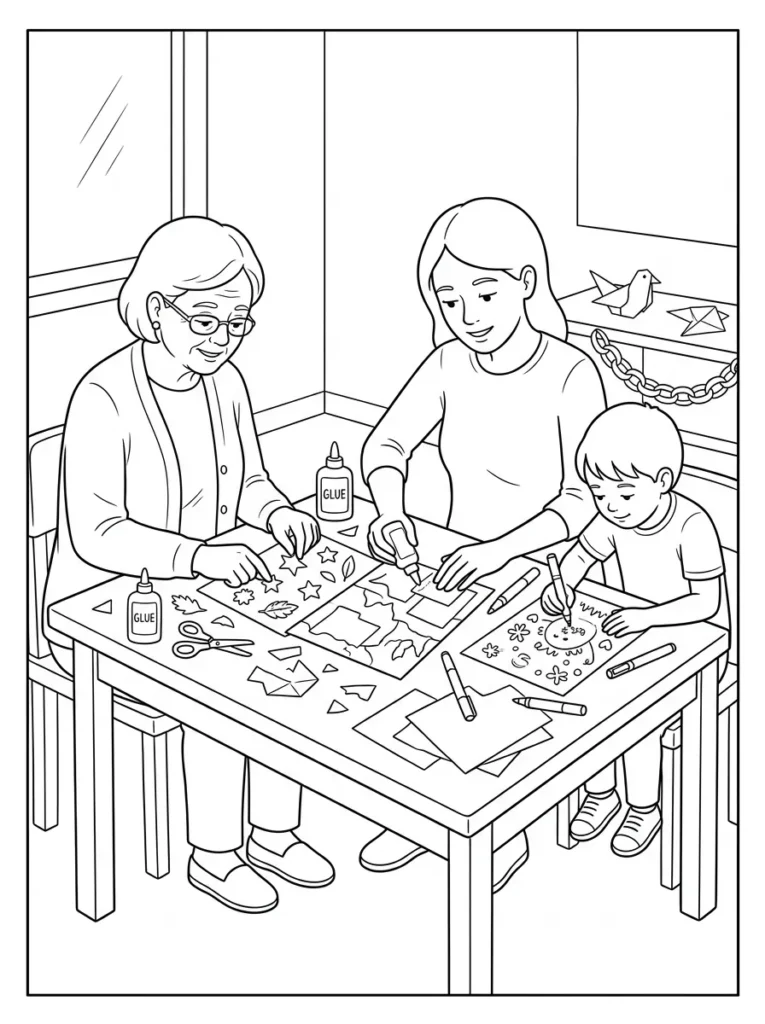 Multi generational family craft coloring page printable