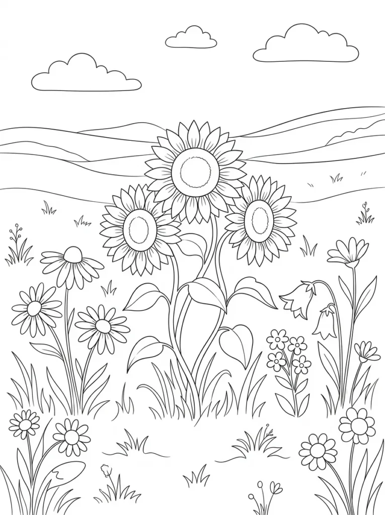 Sunflower meadow coloring page printable