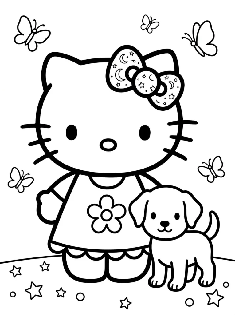 Detailed Hello Kitty style coloring page for teens and adults