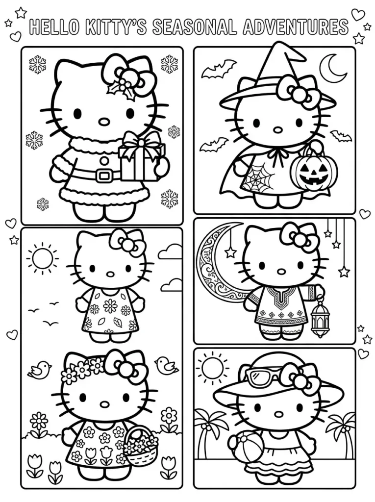 Hello Kitty seasonal coloring page with holiday and summer themes