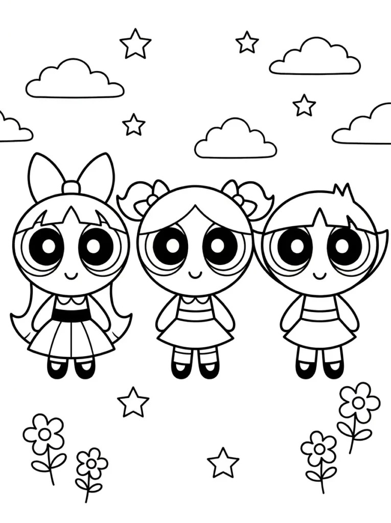 Powerpuff Girls printable coloring page with three characters