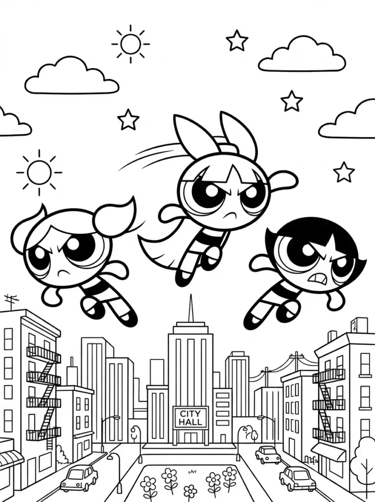 Powerpuff Girls action scene coloring page kids