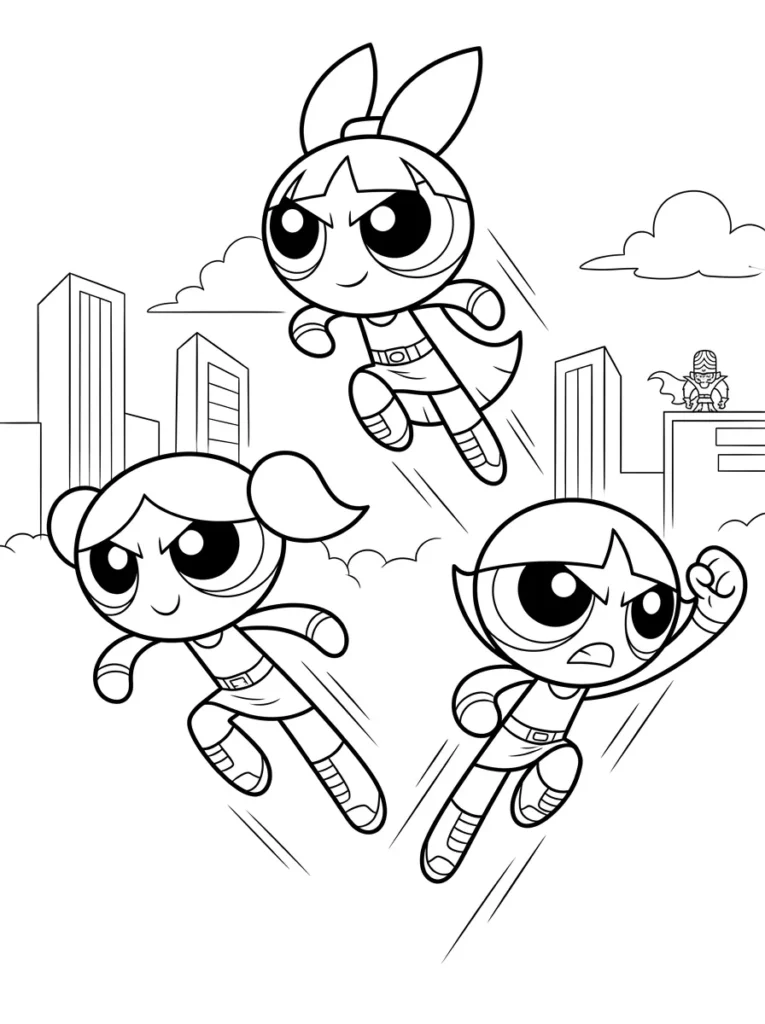 Powerpuff Girls action scene coloring page printable