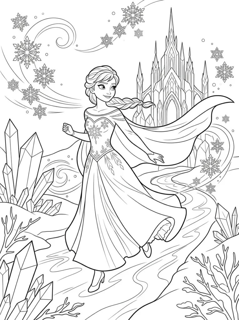 Frozen action princess coloring page with ice castle printable