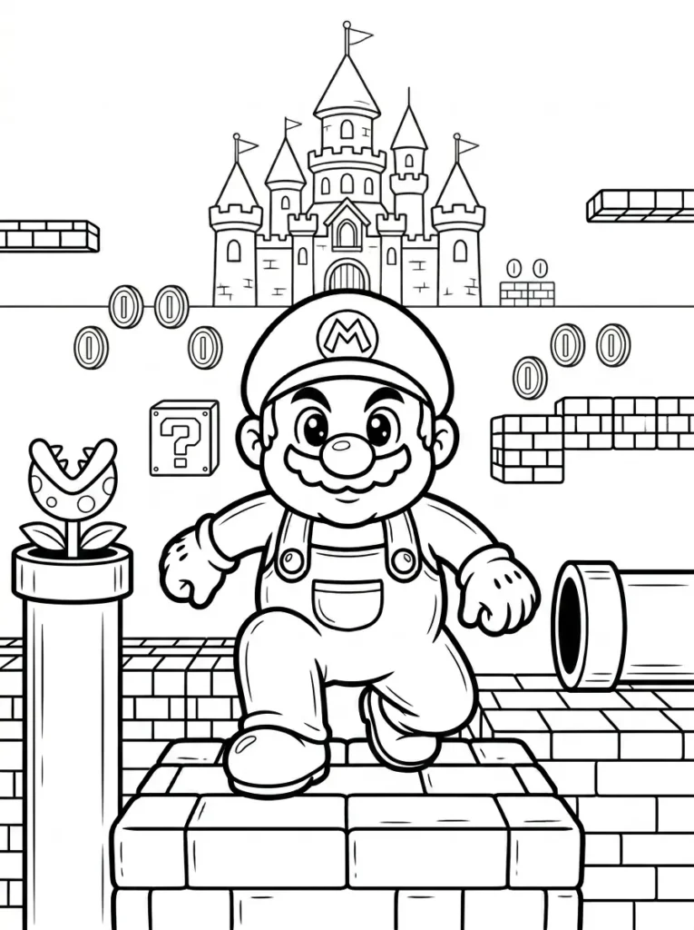 Mario adventure coloring page with pipes and castle background printable