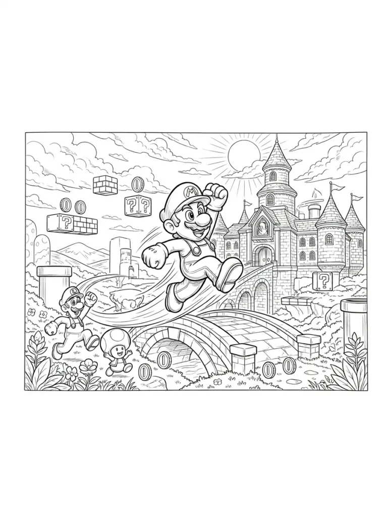 Super Mario advanced Mushroom Kingdom coloring page printable