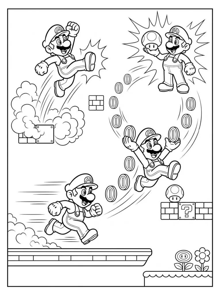 Super Mario action sequence coloring page printable