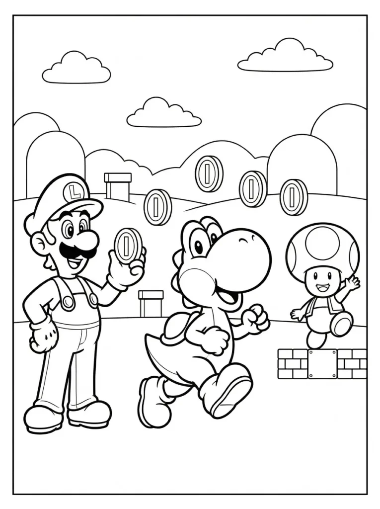 Super Mario friends coloring page with supporting characters printable