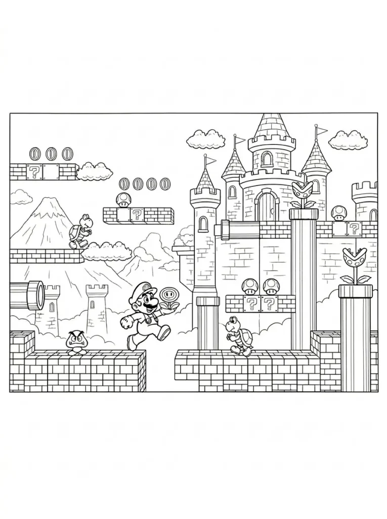 Super Mario game level coloring page with castle and platforms printable