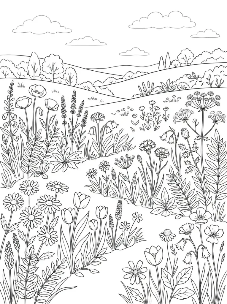 Wildflower meadow coloring page printable