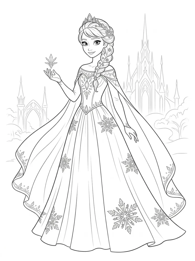 Frozen detailed costume coloring page with snowflake and ice castle elements printable