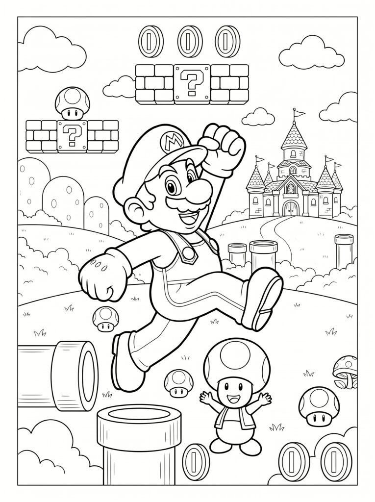 Super Mario detailed Mushroom Kingdom coloring page printable