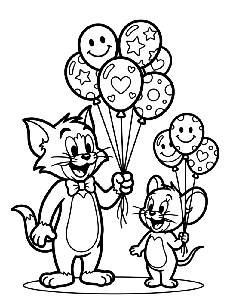 Tom and Jerry holding balloons in a simple black and white coloring page