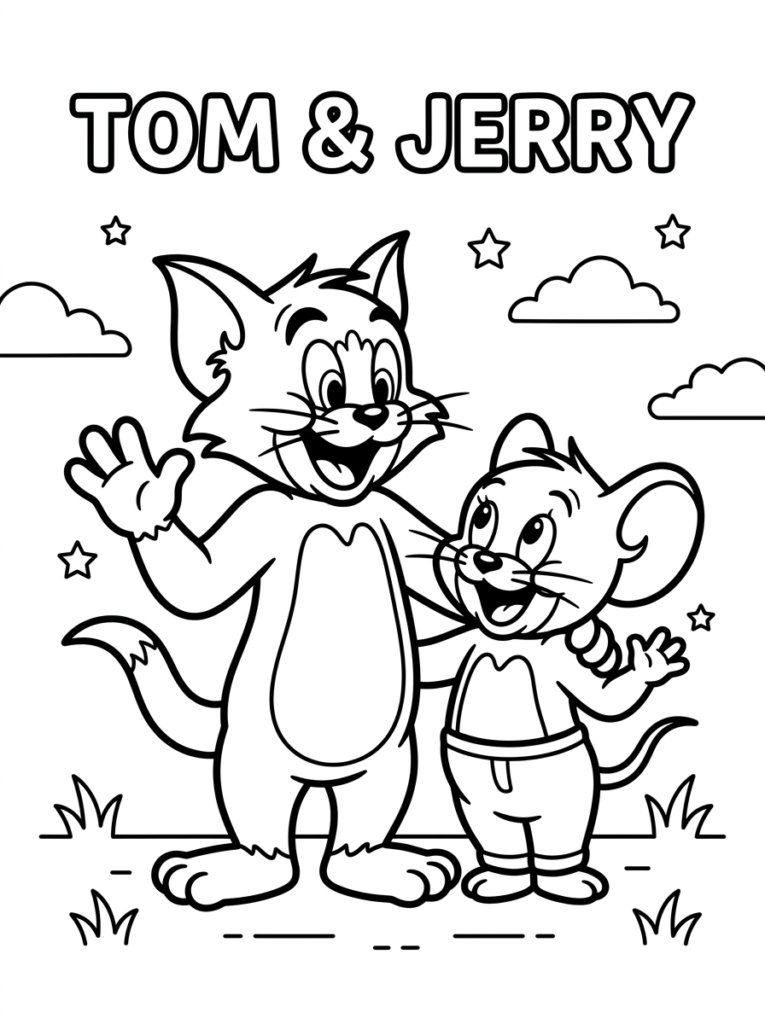 Tom and Jerry smiling in a simple coloring page