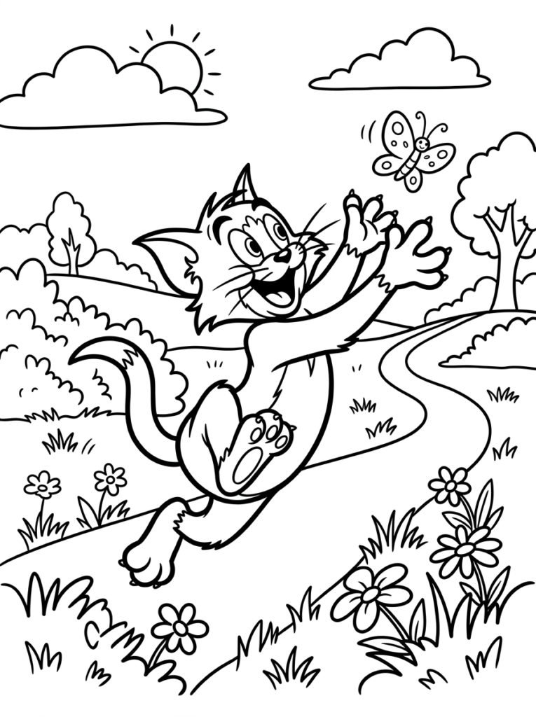 Tom chasing butterfly in a black and white coloring page