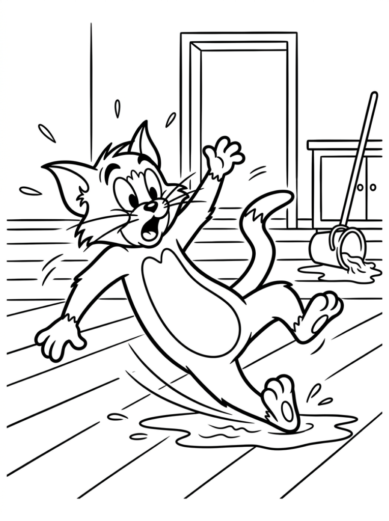 Funny Tom slipping cartoon pose coloring page for kids