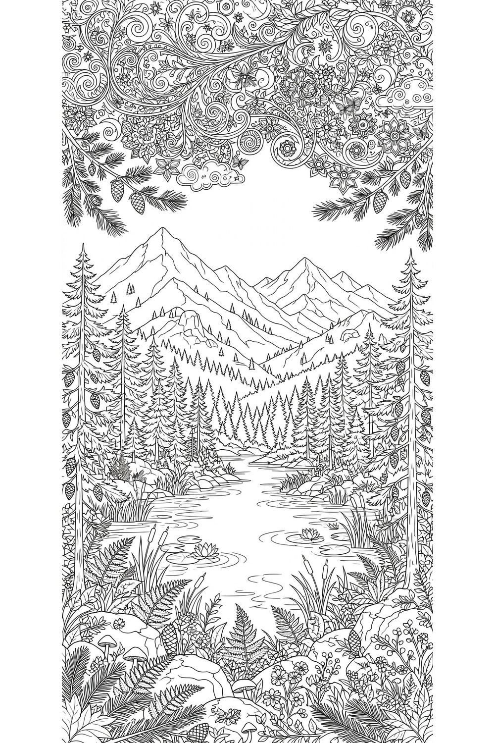 Free printable mountain landscape coloring page for adults