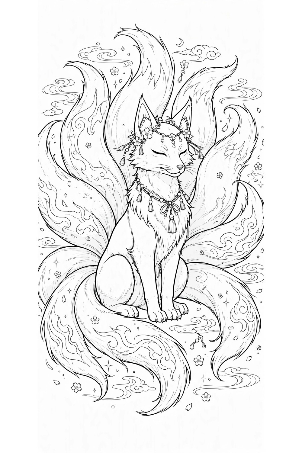 Free printable kitsune fox spirit anime coloring page