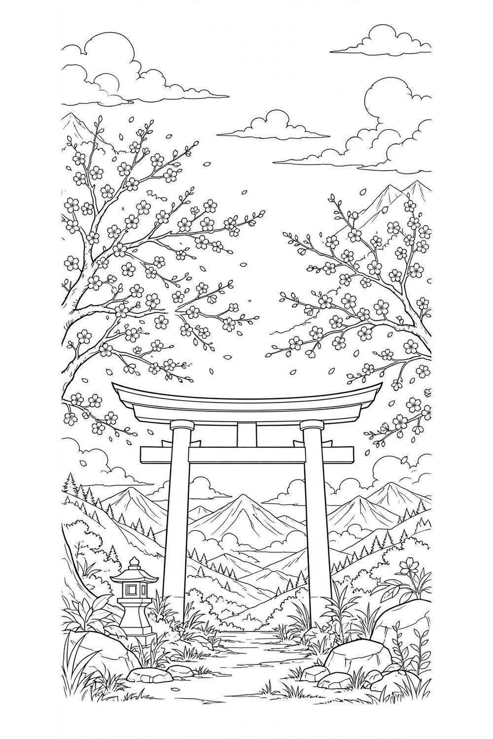 Free printable anime torii gate landscape coloring page