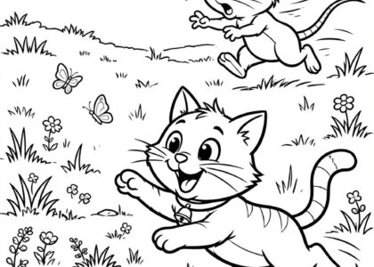 Free printable cat chasing mouse coloring page for kids