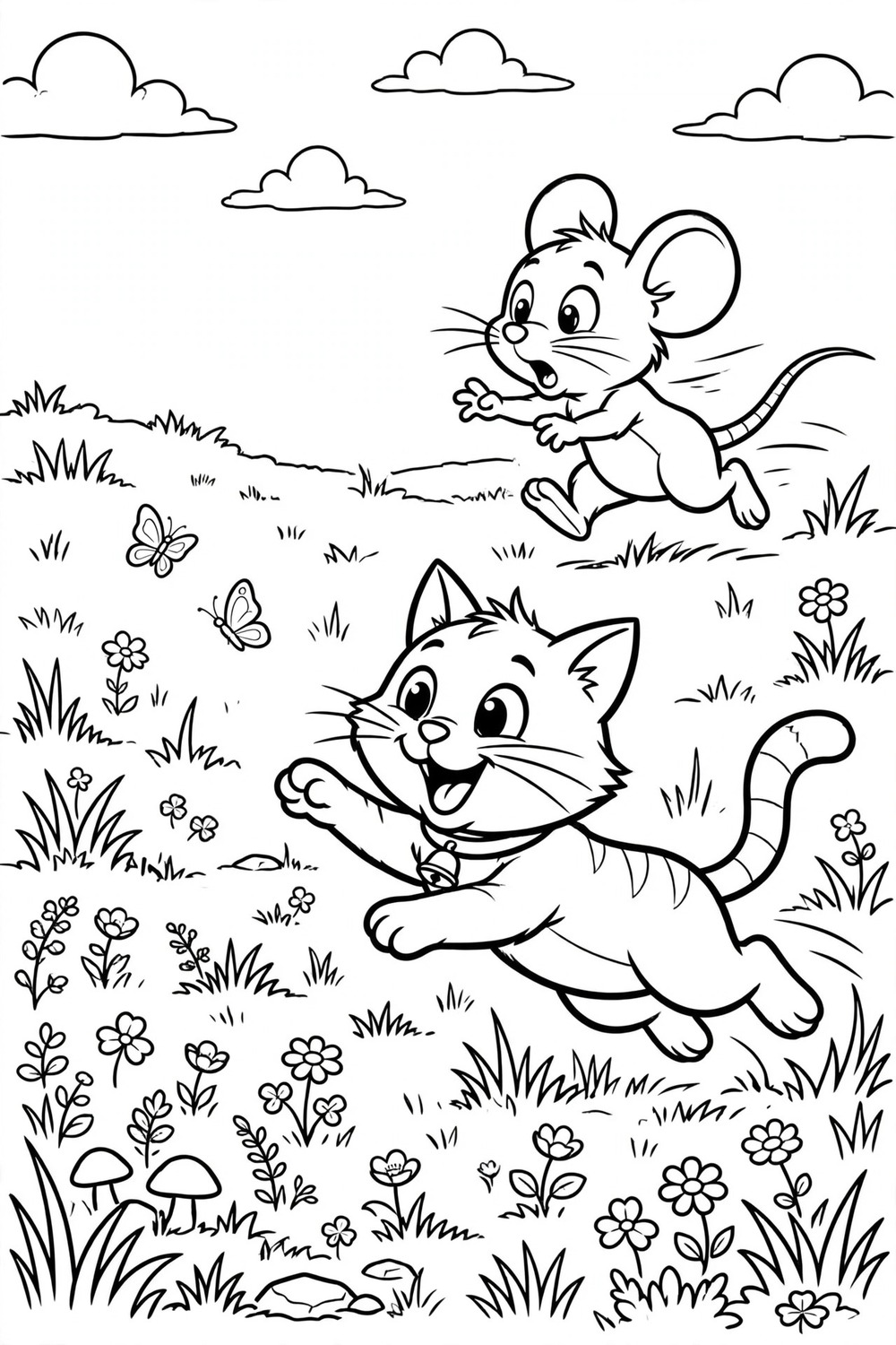 Free printable cat chasing mouse coloring page for kids
