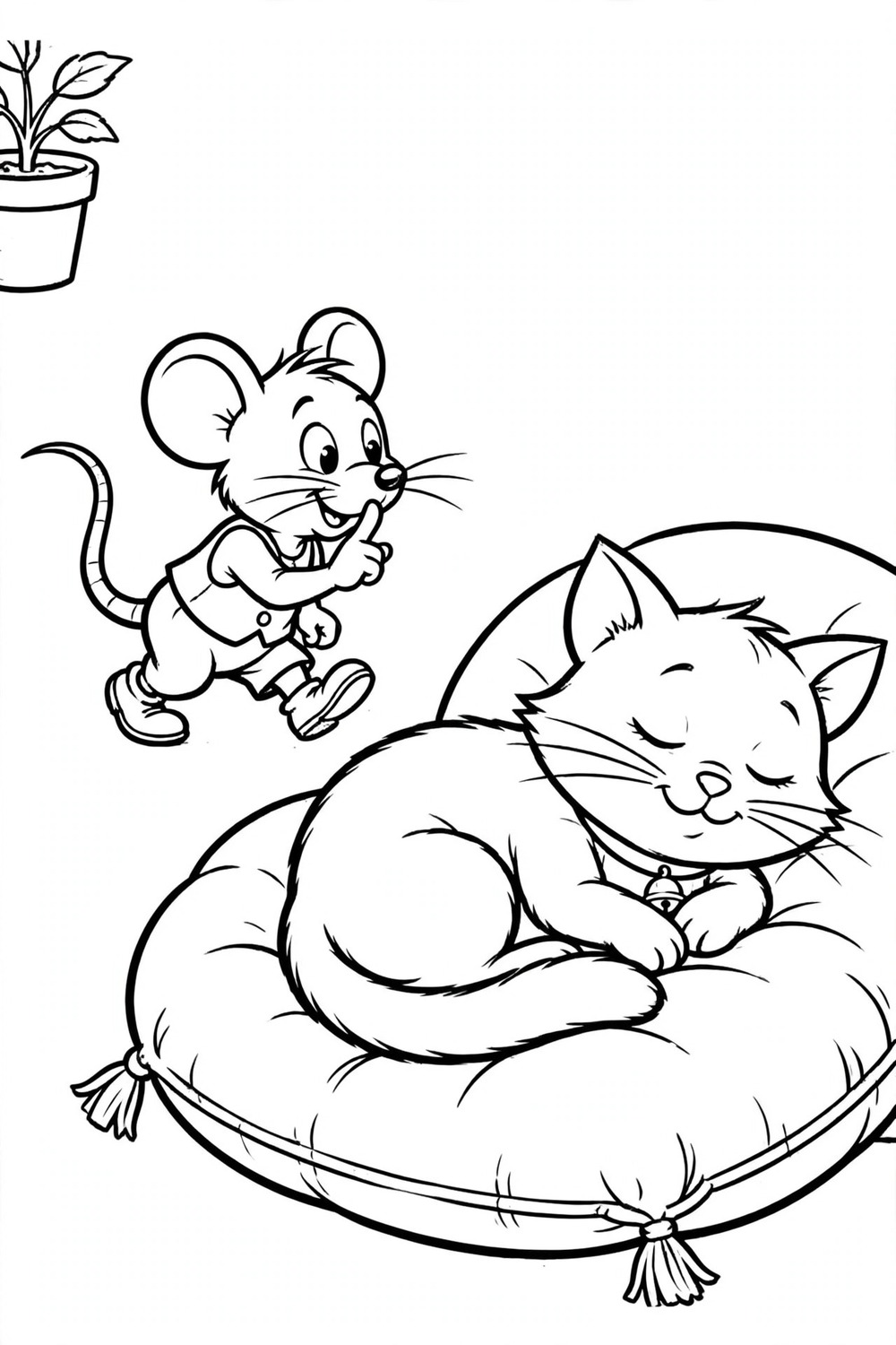Sneaky mouse tiptoeing past a sleeping cat coloring page printable