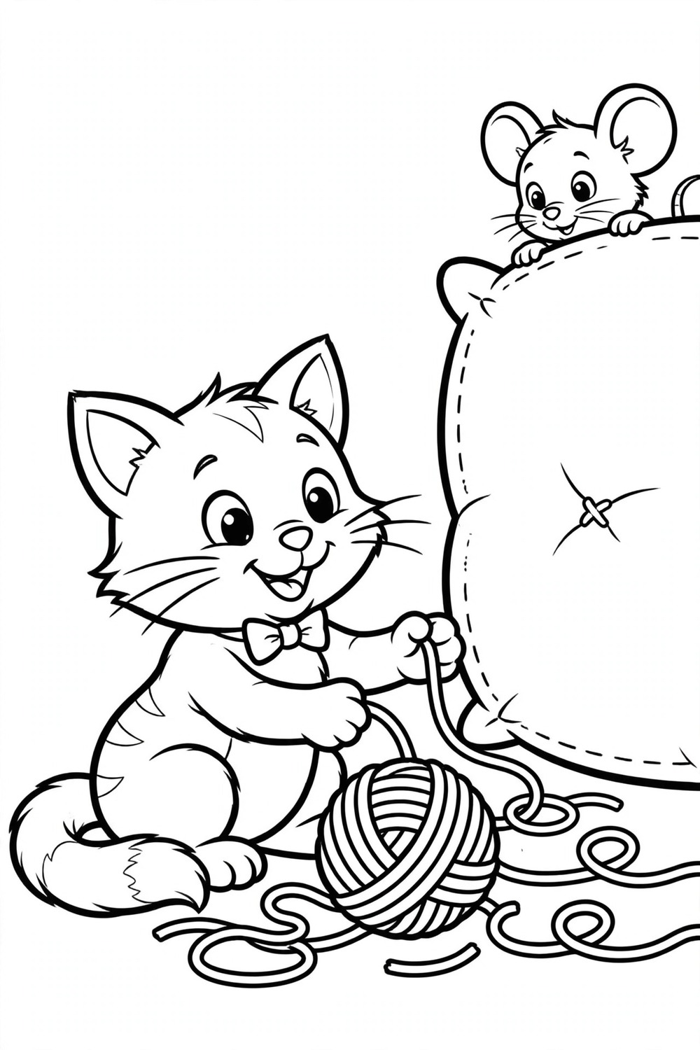 Cat playing with yarn ball while mouse watches coloring page