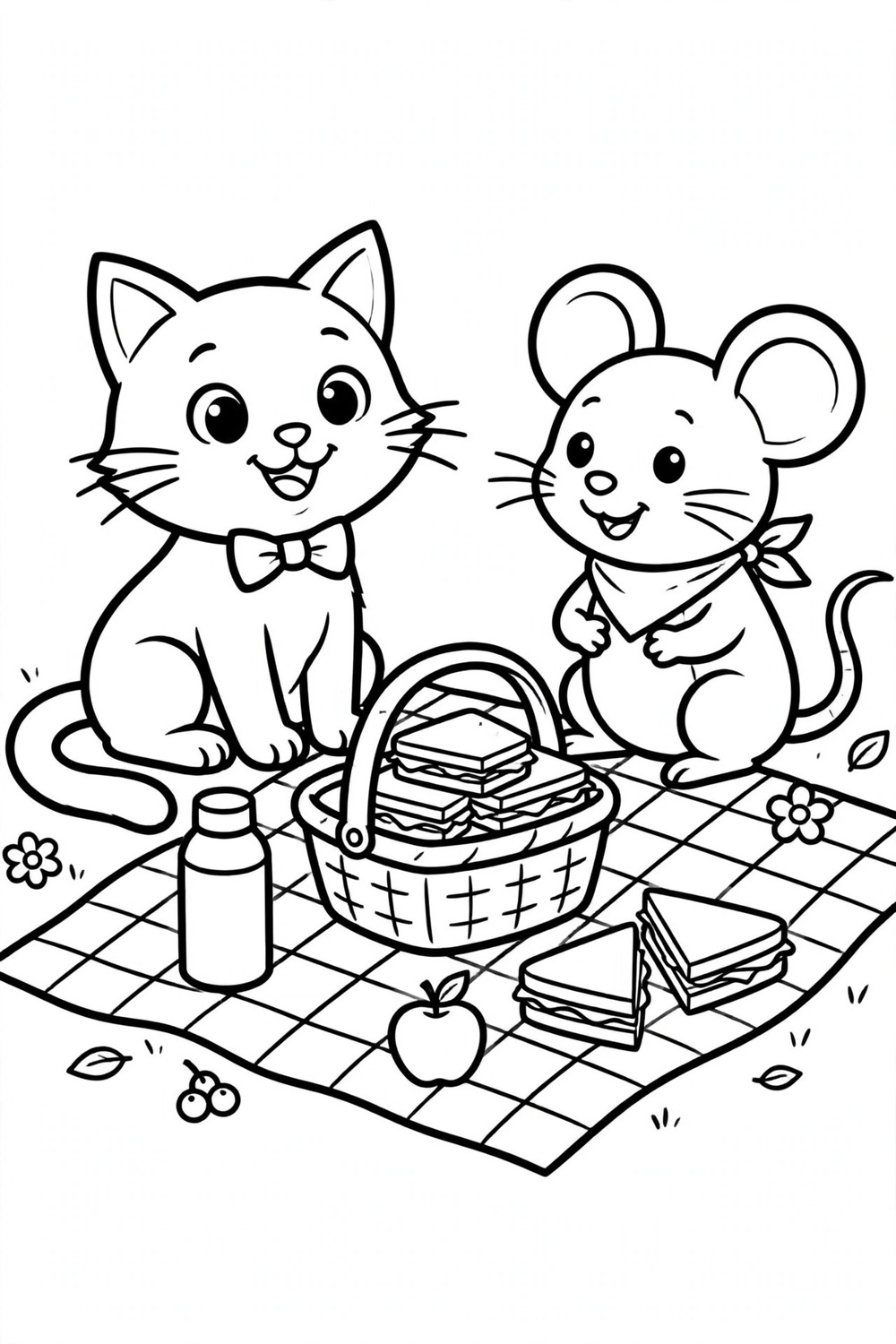 Free printable cat and mouse picnic coloring page for kids