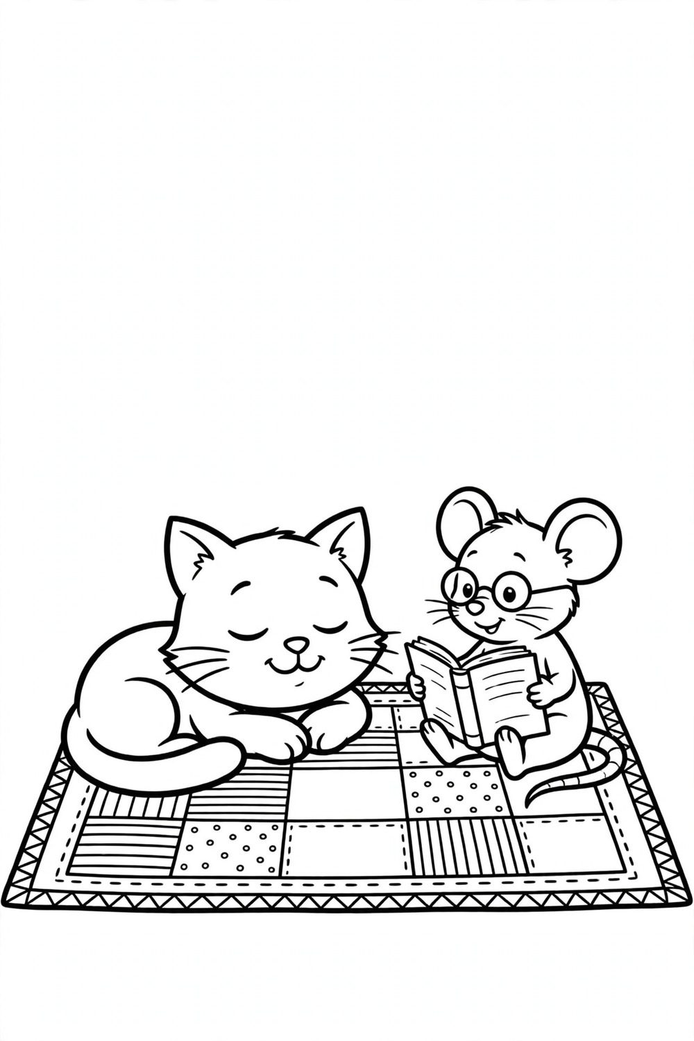 Cat napping while mouse reads a book coloring page free