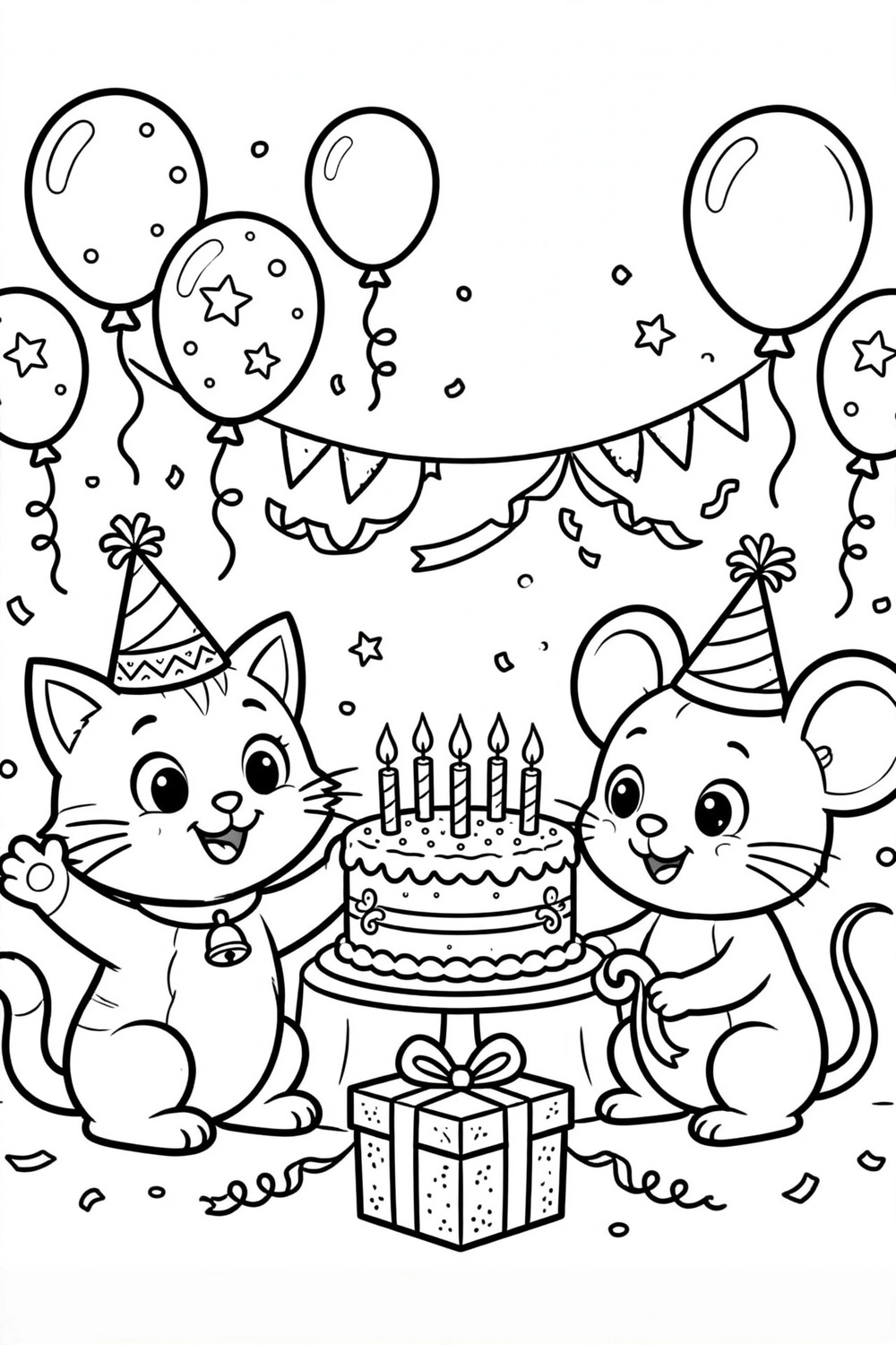 Cat and mouse birthday party with cake coloring page free