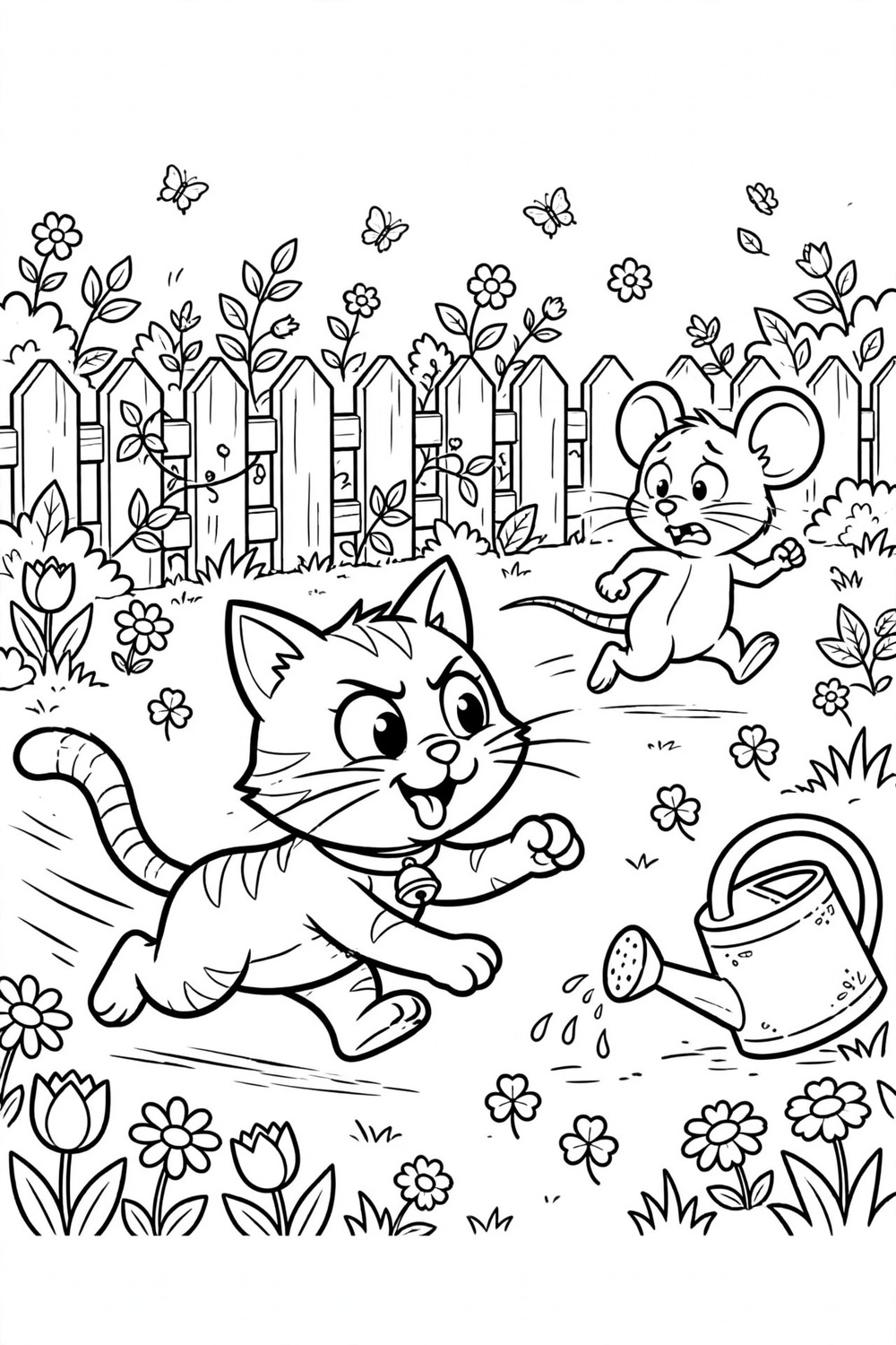 Cat chasing mouse through a garden coloring page free printable