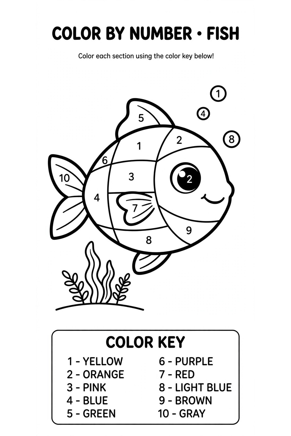 Free printable color by number fish for kids