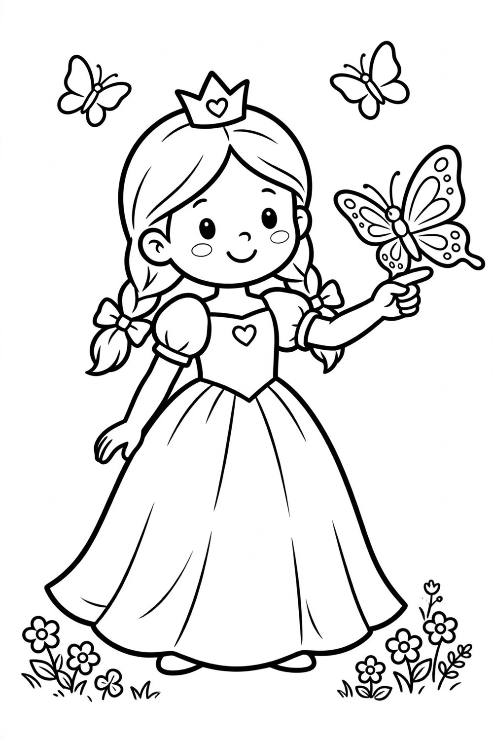 Free printable princess and butterfly coloring page for kids