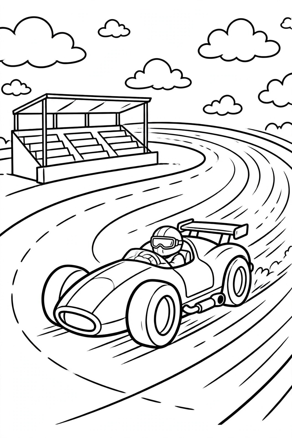 Race car on a track coloring page, free printable for kids