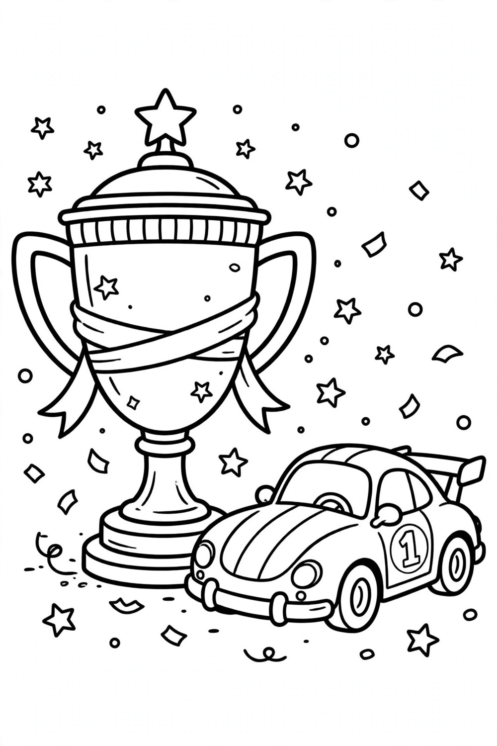 Trophy and race car coloring page, free printable PDF