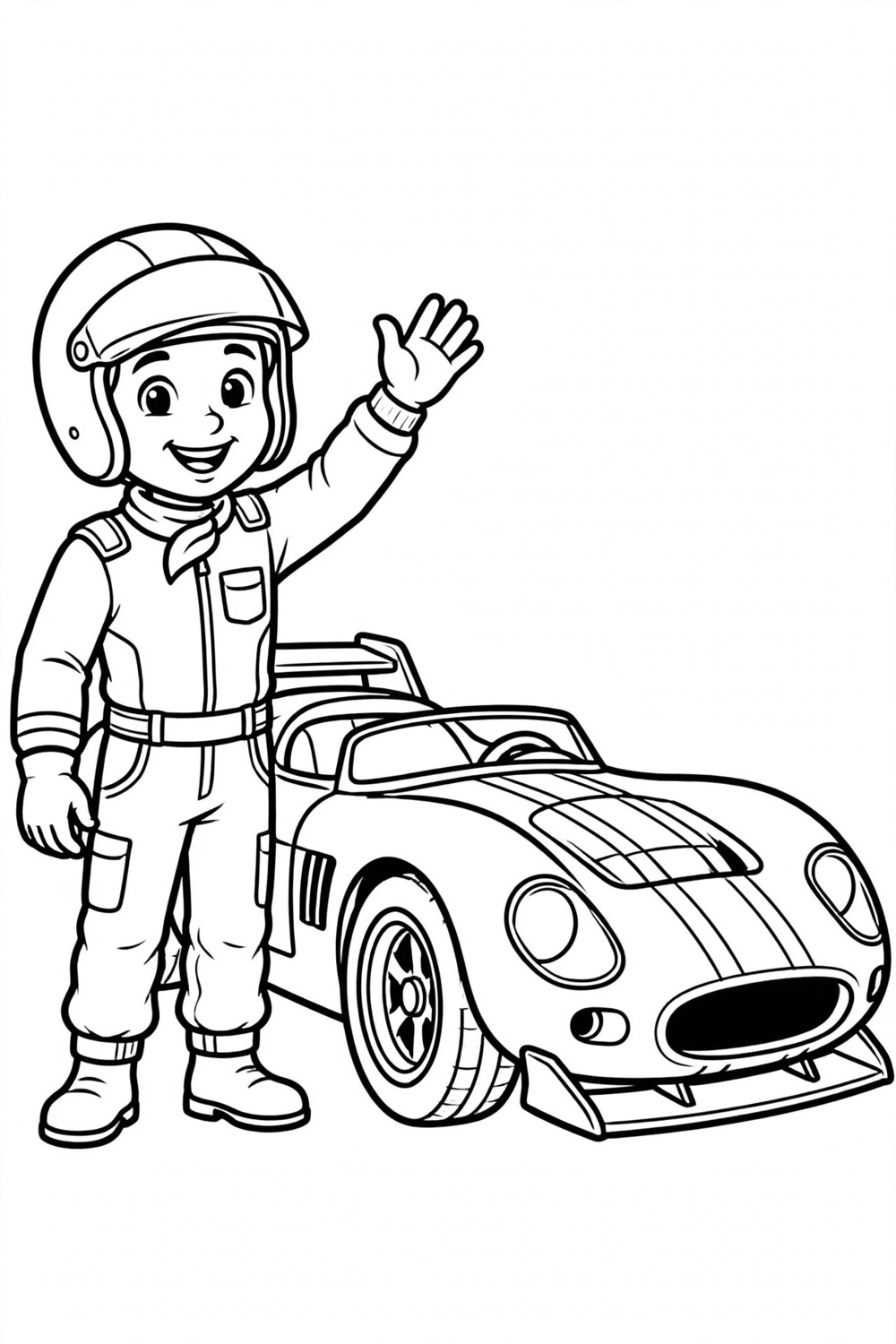 Race car driver coloring page for kids, free printable