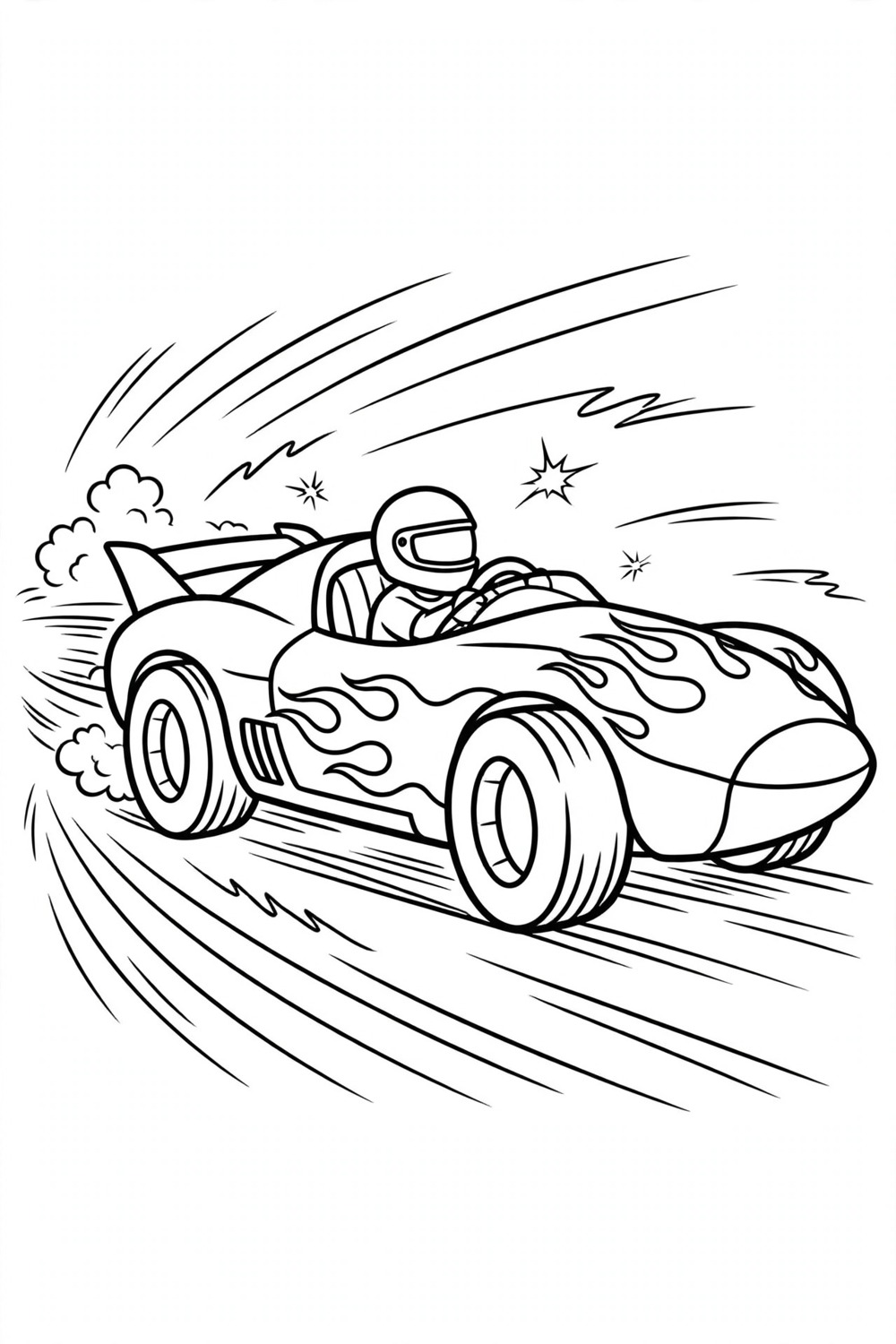 Race car with flames coloring page, free printable PDF