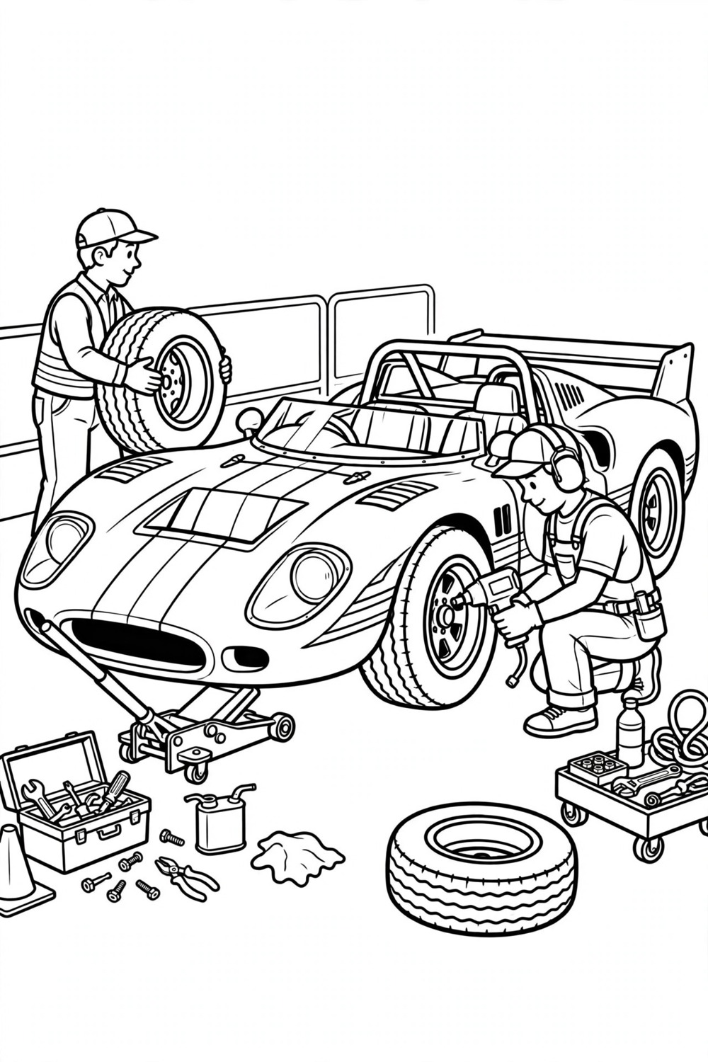 Pit stop crew coloring page, free printable for kids