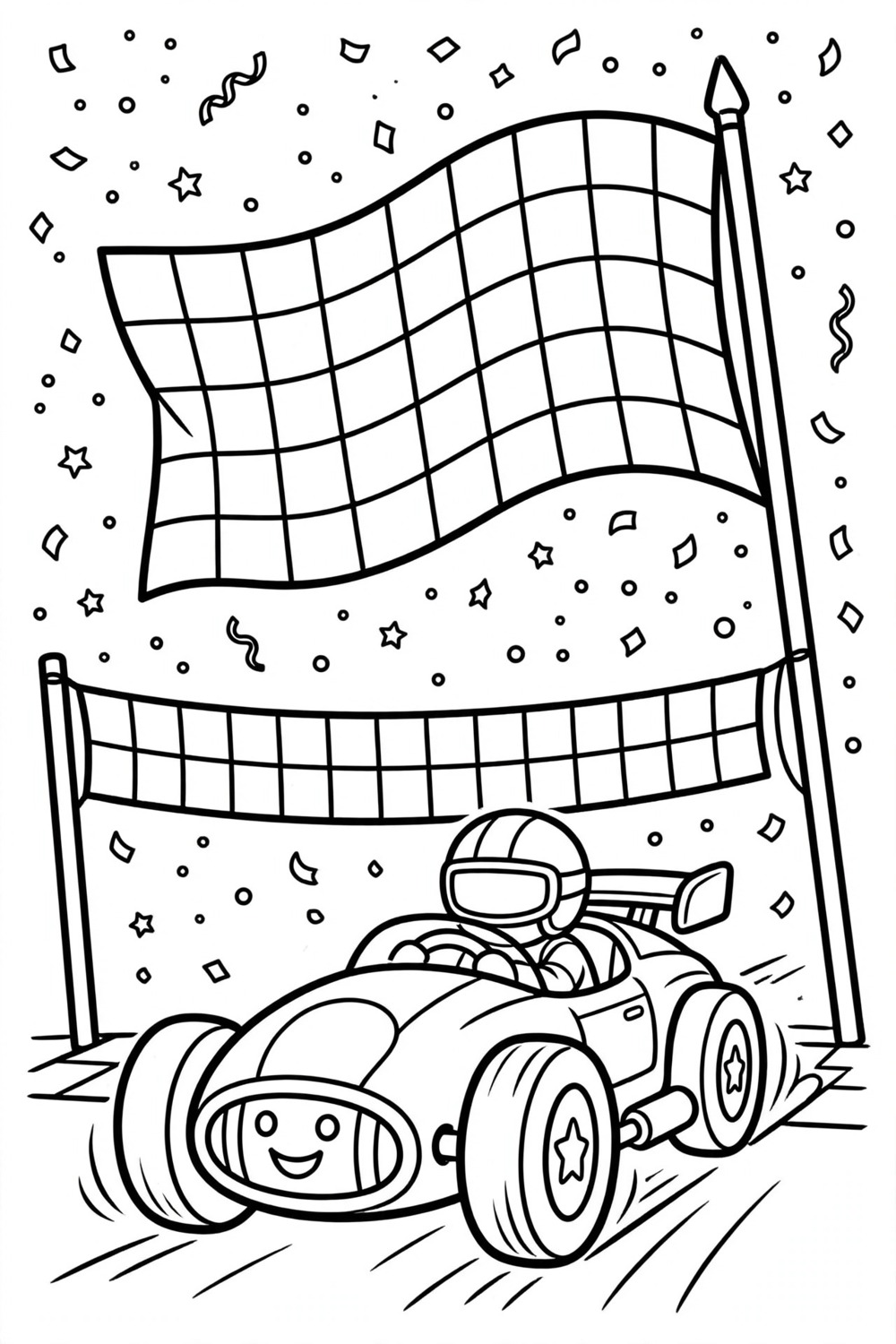 Checkered flag finish line coloring page for kids, free printable