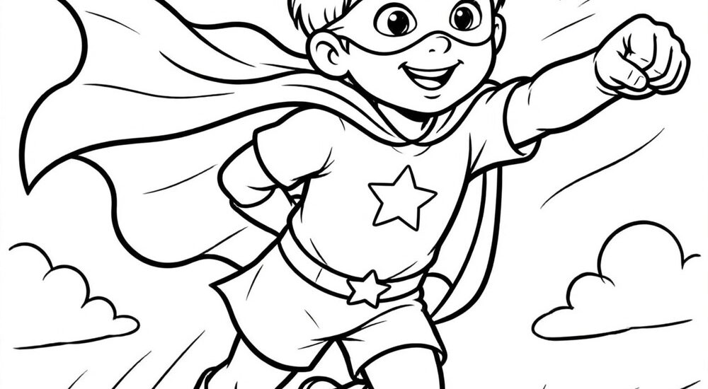 Free printable kid superhero flying coloring page